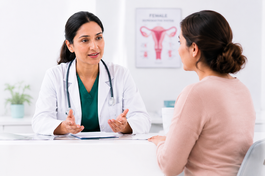 Doctor consulting with a female patient about cervical cancer treatment options
