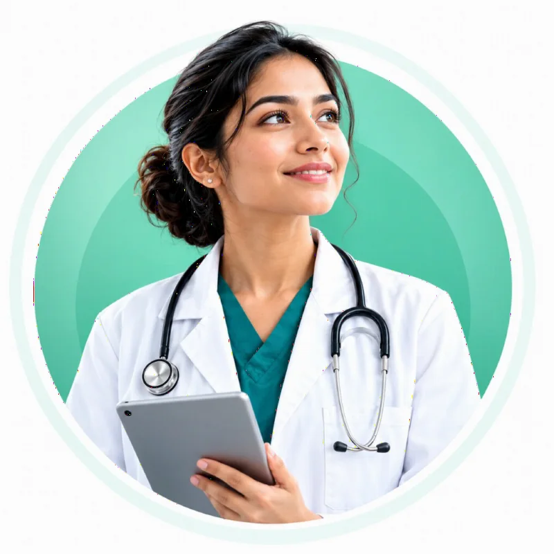 Smiling doctor with a stethoscope holding a tablet
