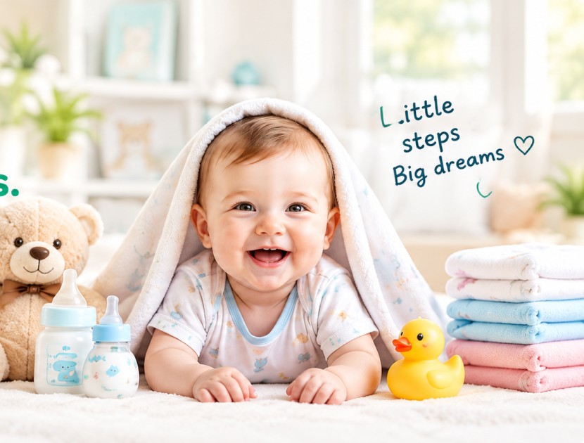 Smiling baby with baby care essentials
